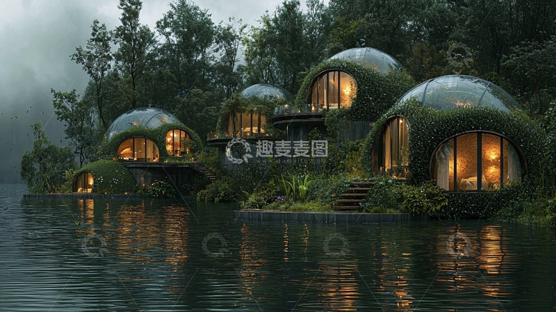 高清大图下载【趣麦麦图】湖边生态穹顶房屋