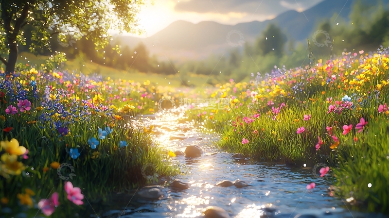 高清大图下载【趣麦麦图】阳光洒在花海小溪
