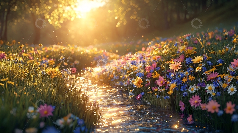 高清大图下载【趣麦麦图】阳光森林小溪花海