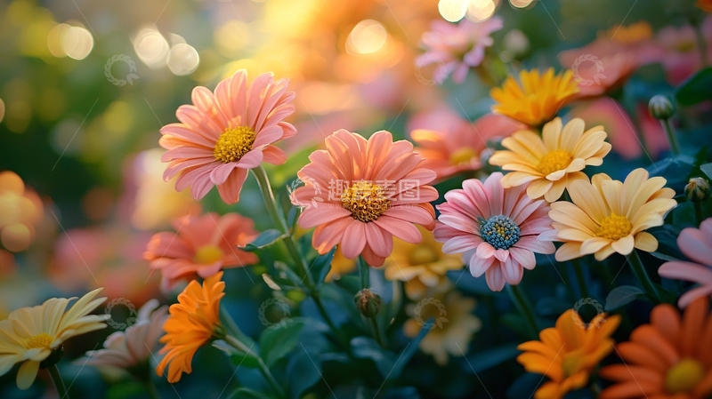高清大图下载【趣麦麦图】阳光下盛开的彩色雏菊花田