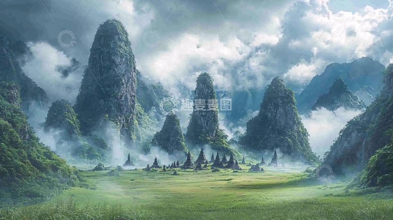 高清大图下载【趣麦麦图】奇峰耸立的仙境草原