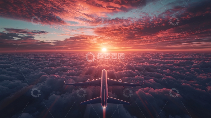 高清大图下载【趣麦麦图】飞机云海日落