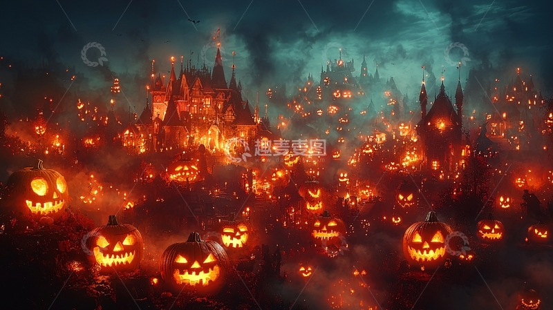 高清大图下载【趣麦麦图】燃烧南瓜灯的万圣节小镇