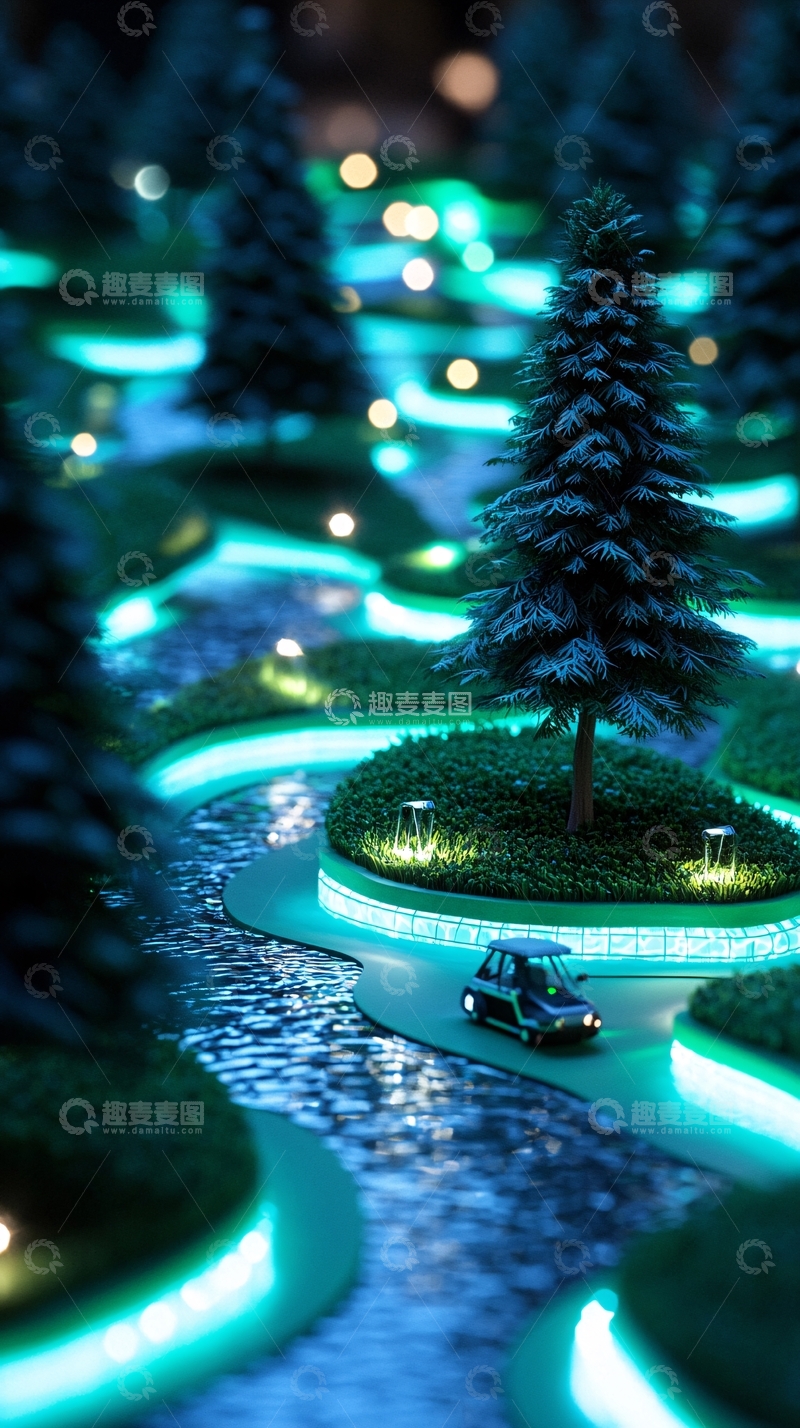 高清大图下载【趣麦麦图】梦幻蓝色霓虹灯小路