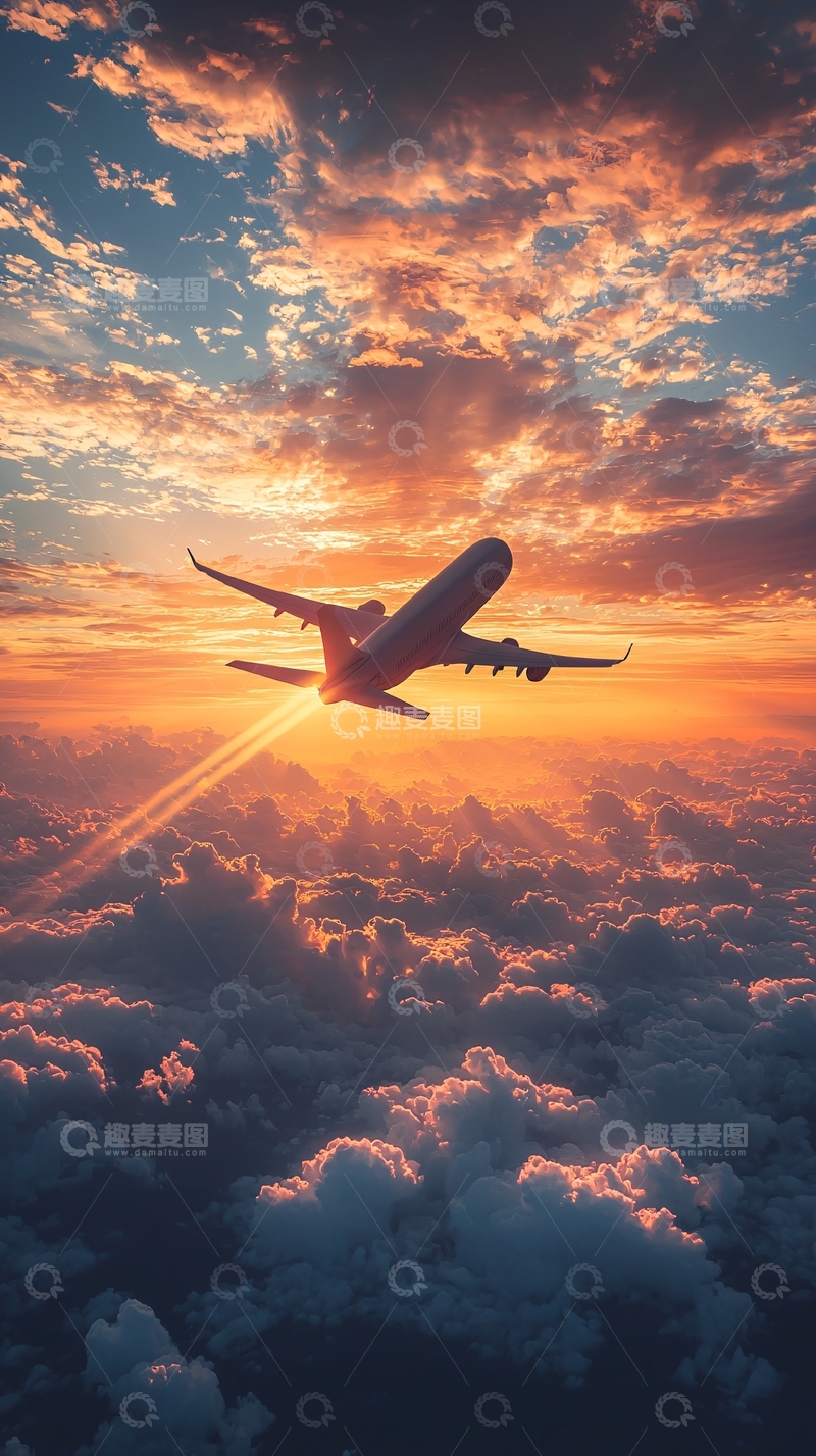 高清大图下载【趣麦麦图】飞机日落云海