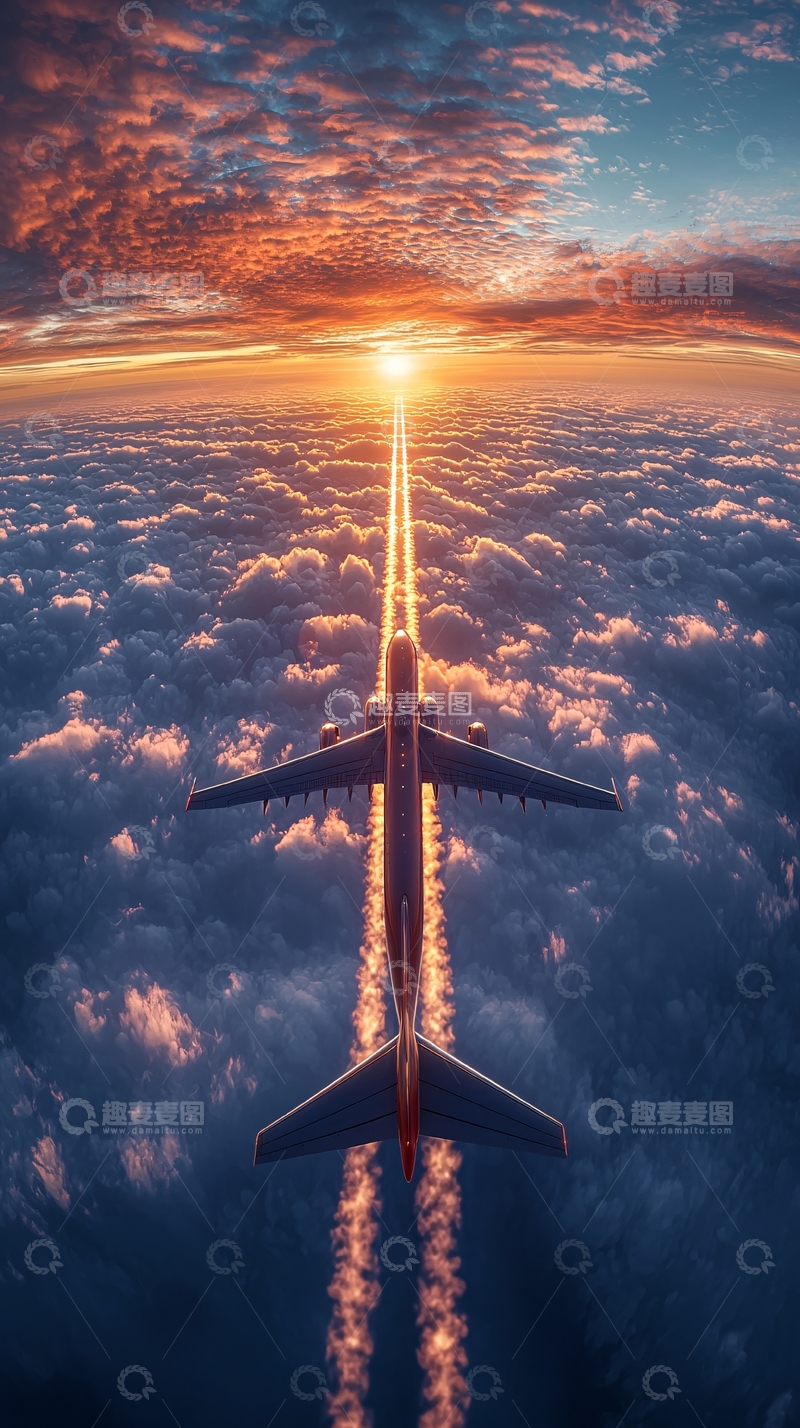 高清大图下载【趣麦麦图】飞机云海日落