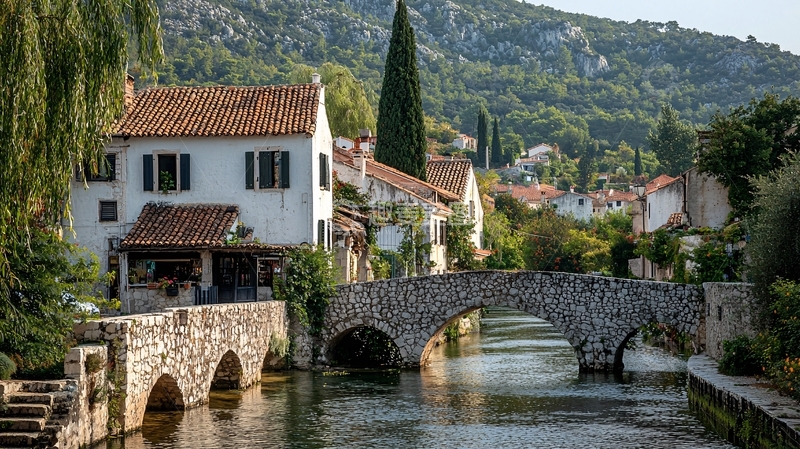 高清大图下载【趣麦麦图】山间河流旁的石头房子