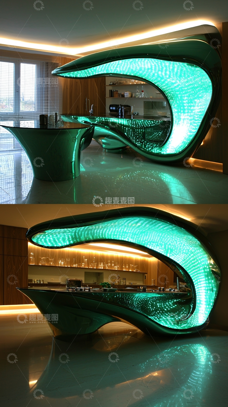 高清大图下载【趣麦麦图】流线型绿色酒吧台设计