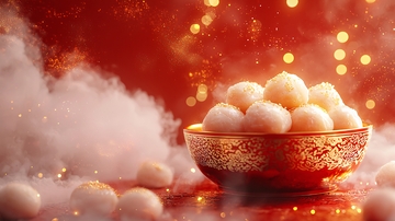 红金色碗中香甜汤圆