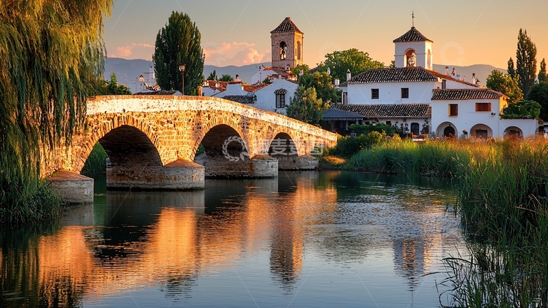 高清大图下载【趣麦麦图】宁静小镇石桥流水