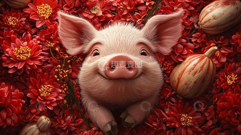 高清大图下载【趣麦麦图】红花丛中快乐的小猪
