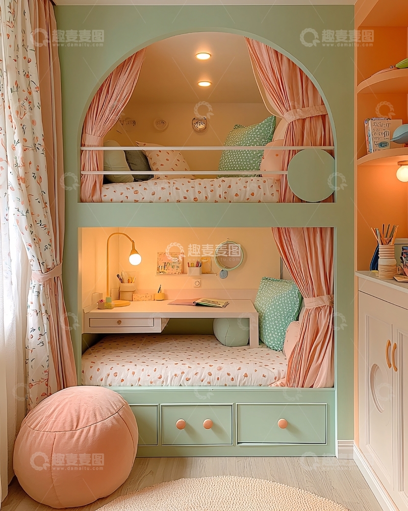 高清大图下载【趣麦麦图】薄荷绿粉色双层床设计