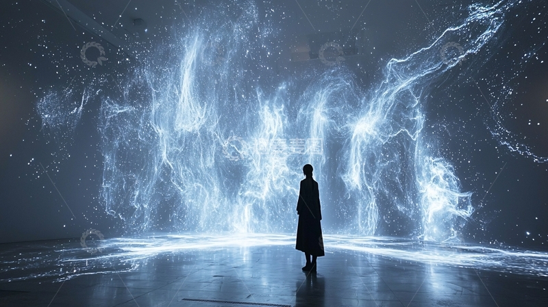 高清大图下载【趣麦麦图】深蓝色背景下的人影与光流