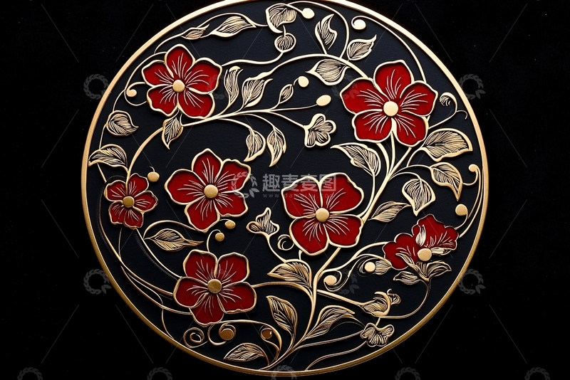 高清大图下载【趣麦麦图】黑色背景红色花朵金属工艺品