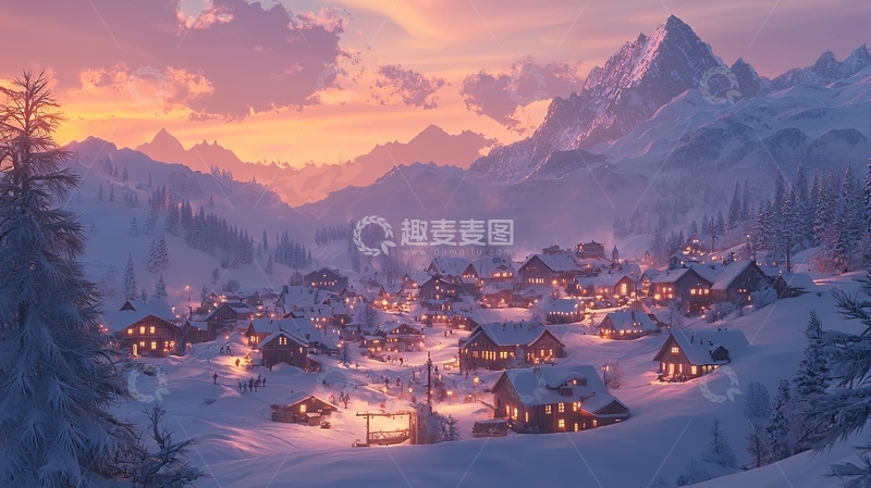 高清大图下载【趣麦麦图】雪山小镇日落