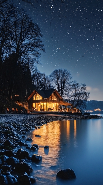 星空下湖边木屋