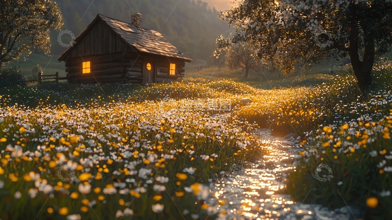 高清大图下载【趣麦麦图】山间木屋黄昏景色