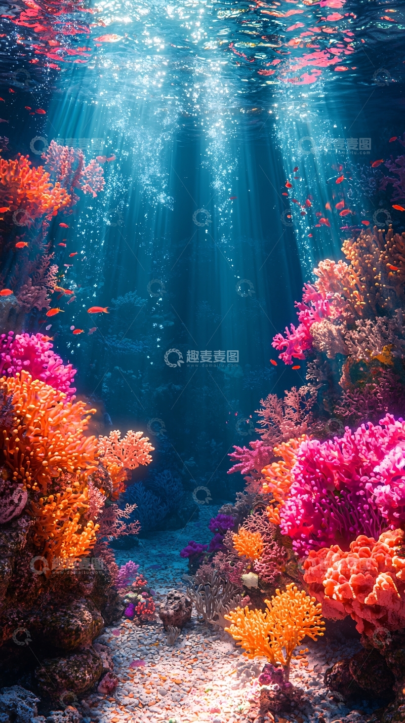 高清大图下载【趣麦麦图】阳光透过海水照射珊瑚礁