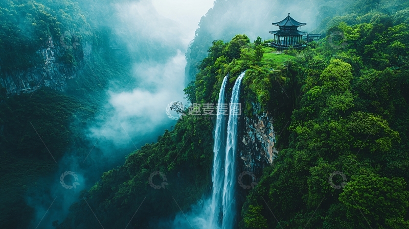 高清大图下载【趣麦麦图】山崖瀑布古建筑