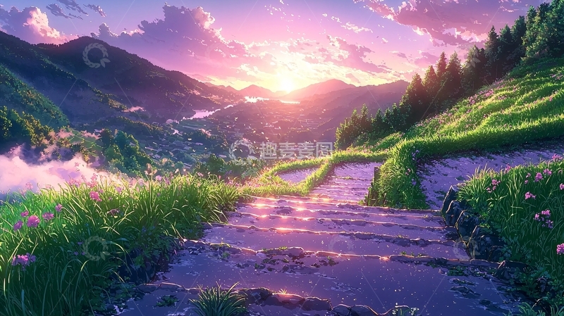 高清大图下载【趣麦麦图】梦幻般日落山峦田园