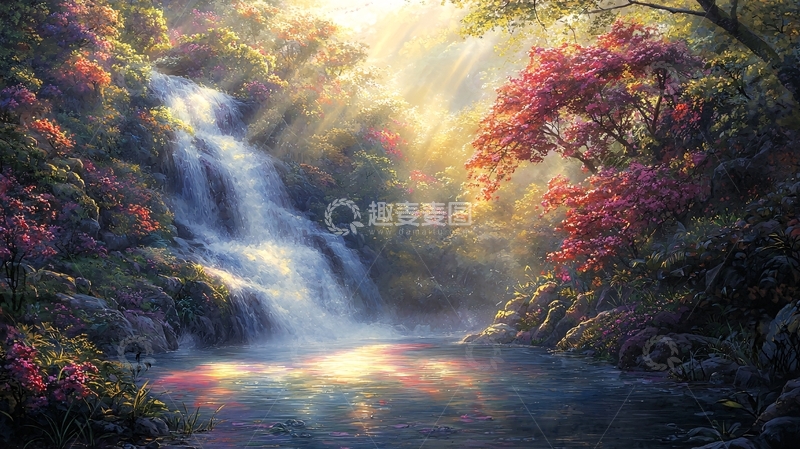 高清大图下载【趣麦麦图】阳光森林瀑布