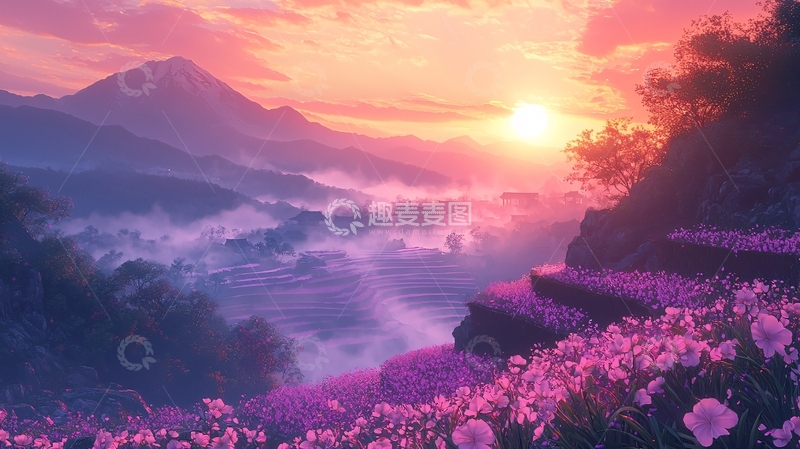 高清大图下载【趣麦麦图】日出山峦花海景色
