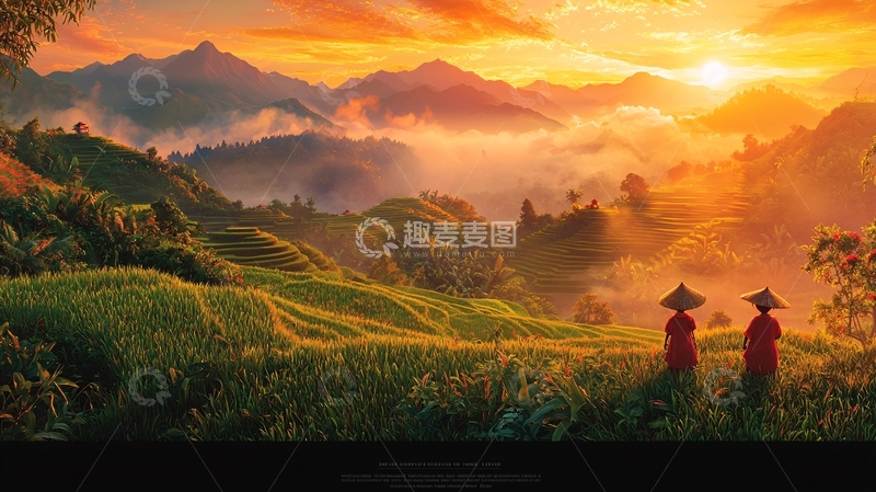 高清大图下载【趣麦麦图】日出山峦梯田农人
