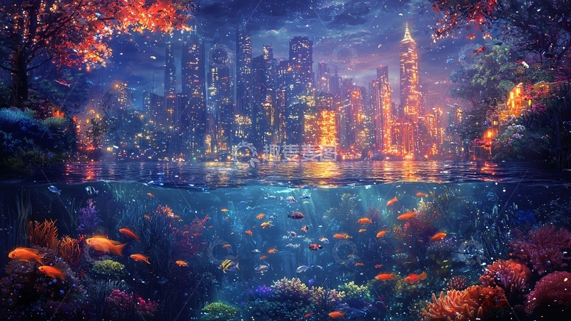 高清大图下载【趣麦麦图】梦幻水下都市夜景