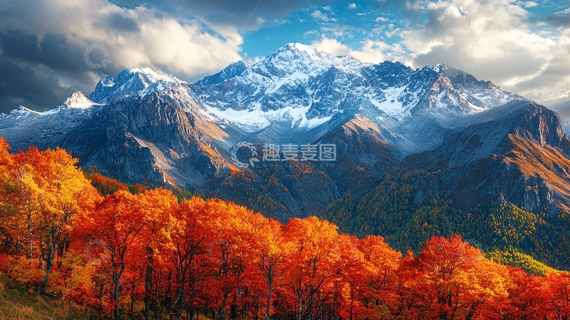 高清大图下载【趣麦麦图】秋日雪山红叶景色