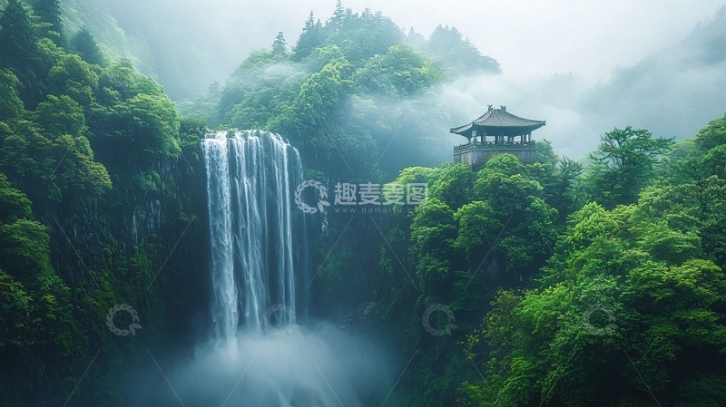 高清大图下载【趣麦麦图】雾气缭绕的瀑布景色