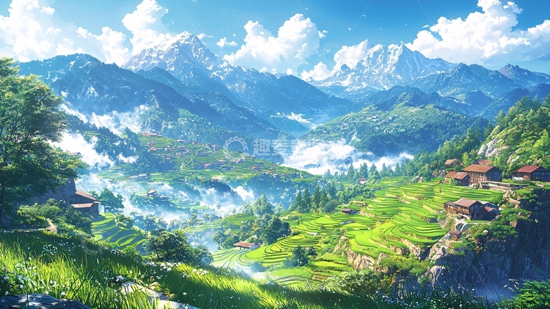 高清大图下载【趣麦麦图】阳光明媚的山谷村庄