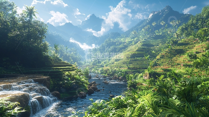 高清大图下载【趣麦麦图】阳光下的山谷河流梯田