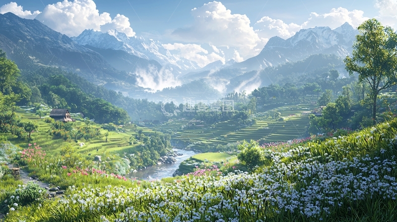 高清大图下载【趣麦麦图】雪山环绕的绿色山谷