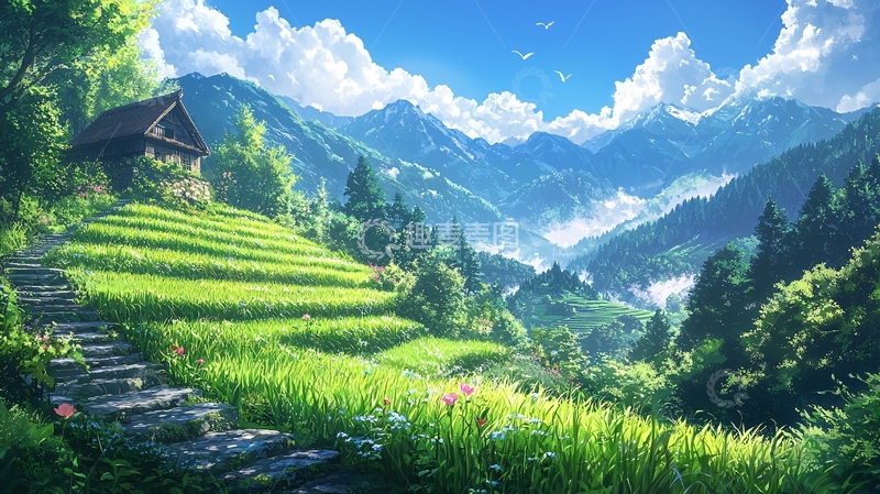 高清大图下载【趣麦麦图】山间小屋梯田风景