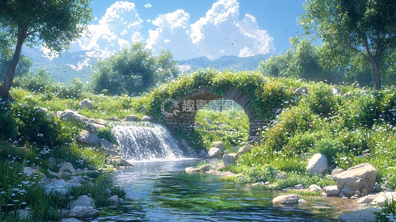 高清大图下载【趣麦麦图】-梦幻绿色田园小桥流水