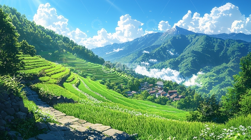 高清大图下载【趣麦麦图】绿油油的梯田山村风景