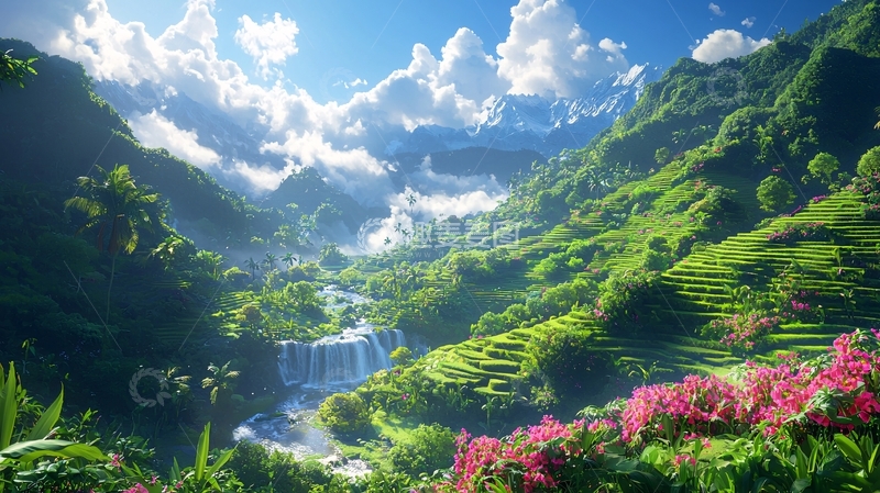 高清大图下载【趣麦麦图】山谷瀑布田园风光