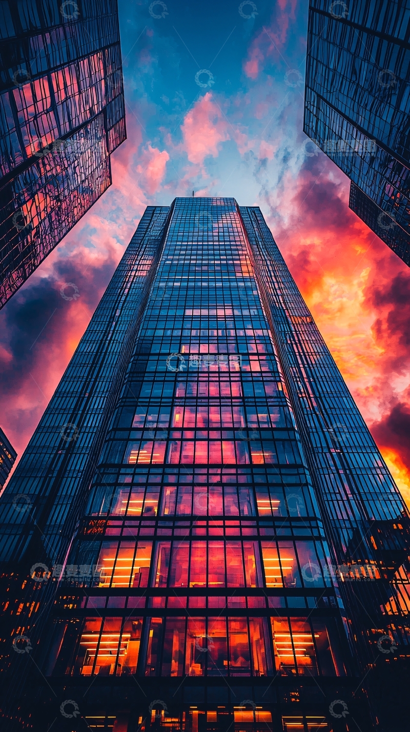高清大图下载【趣麦麦图】仰望高楼与绚丽晚霞