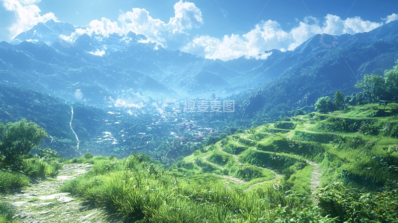 高清大图下载【趣麦麦图】阳光下的梯田山谷