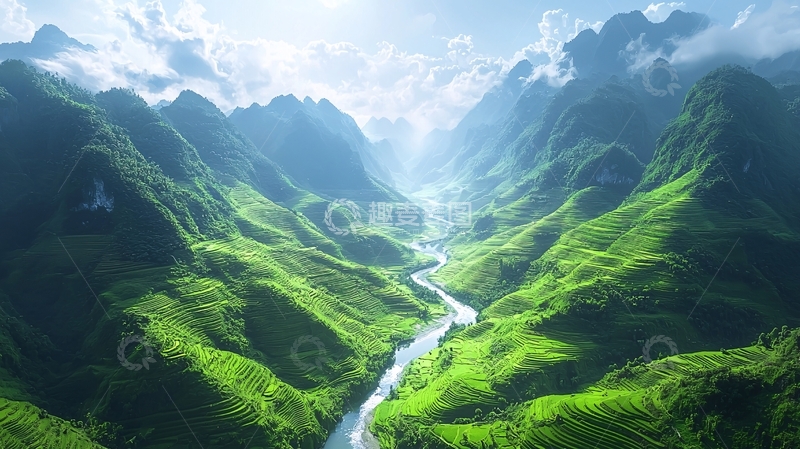 高清大图下载【趣麦麦图】山谷河流梯田风景