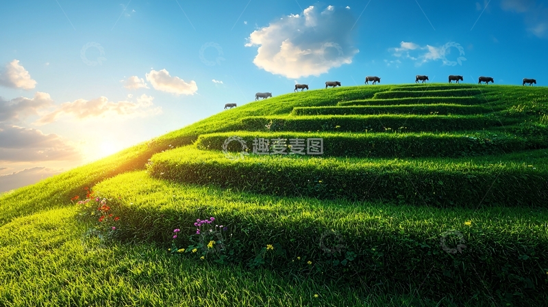 高清大图下载【趣麦麦图】绿色梯田日落