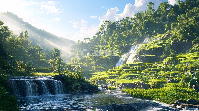 高清大图下载【趣麦麦图】阳光下的瀑布梯田