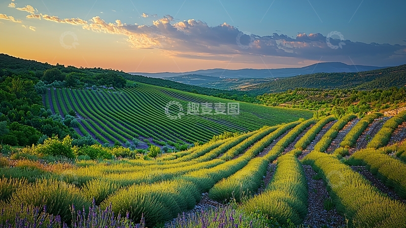 高清大图下载【趣麦麦图】夕阳下的薰衣草田园风光