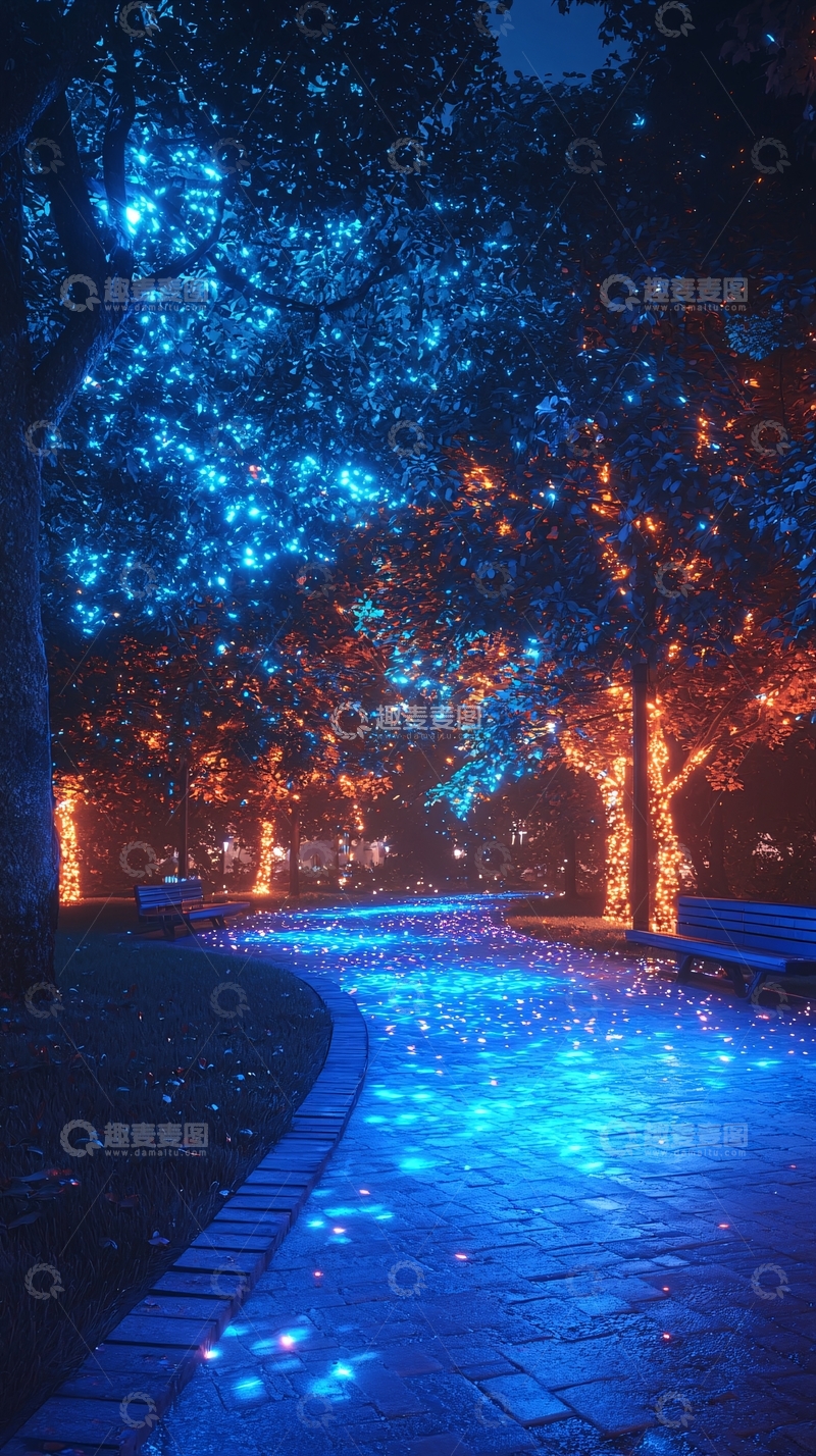 高清大图下载【趣麦麦图】夜晚公园小路灯光