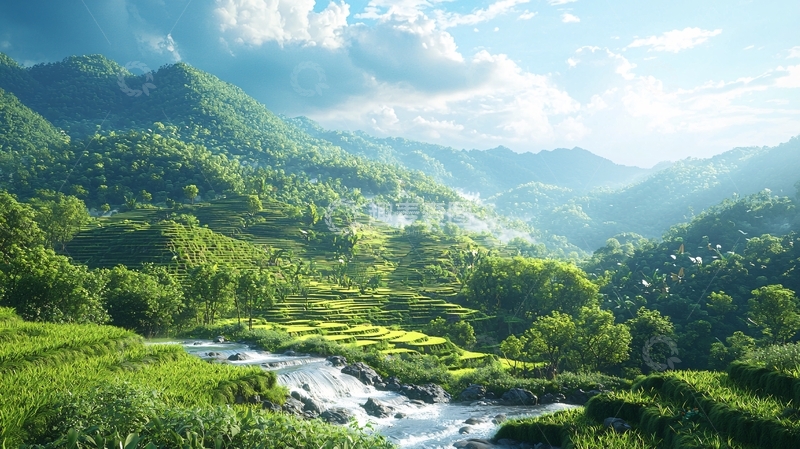 高清大图下载【趣麦麦图】阳光明媚的山谷田园风光