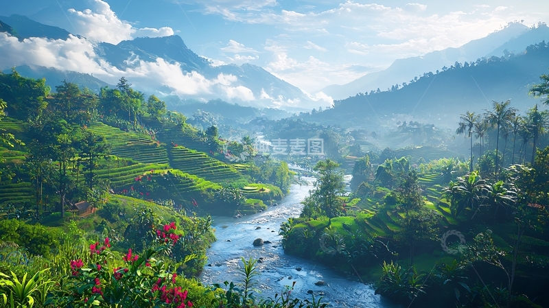 高清大图下载【趣麦麦图】山谷河流绿树环绕