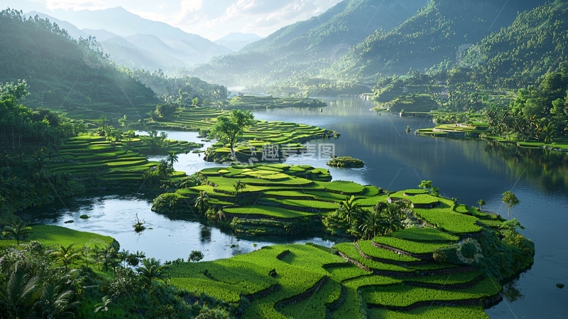 高清大图下载【趣麦麦图】梯田湖泊环绕山峦