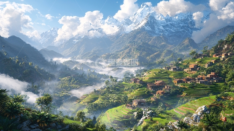 高清大图下载【趣麦麦图】云雾缭绕的山谷村庄