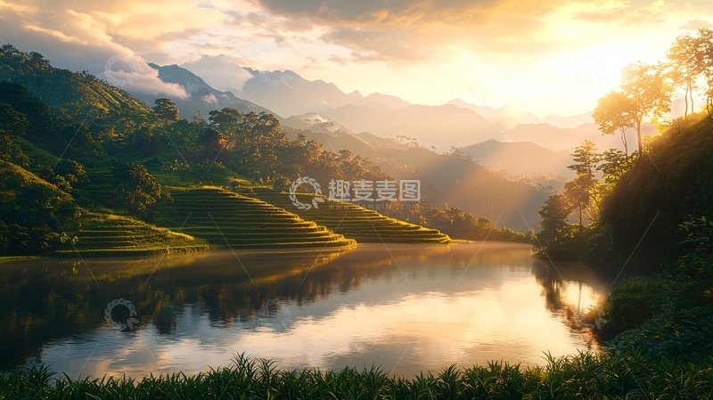 高清大图下载【趣麦麦图】日出山峦湖泊倒影