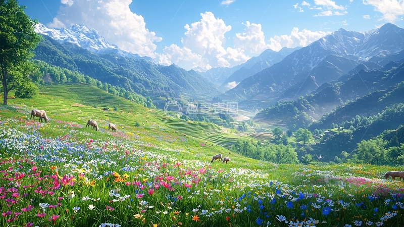 高清大图下载【趣麦麦图】山间花海牧场景色